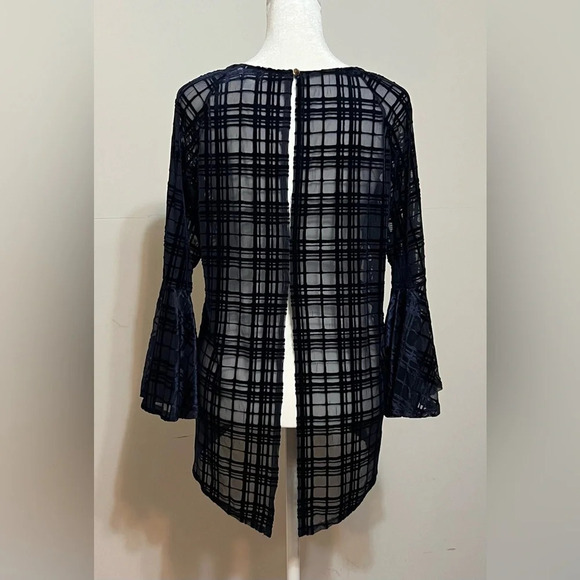 LC Lauren Conrad Women's Top Small 3/4 Bell Sleeves Semi-Sheer Velvet Blue - Picture 6 of 12